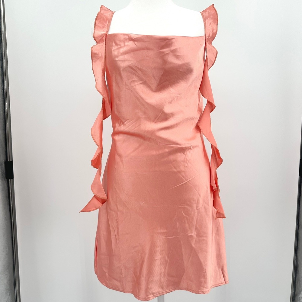 Thirty Thirty LA Coral Satin Ruffle Mini Dress Square Neck Womens Large Party